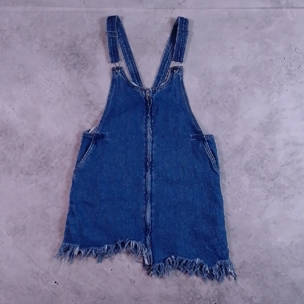 Zara Trafaluc Denim Overall Dress with Frayed Hem